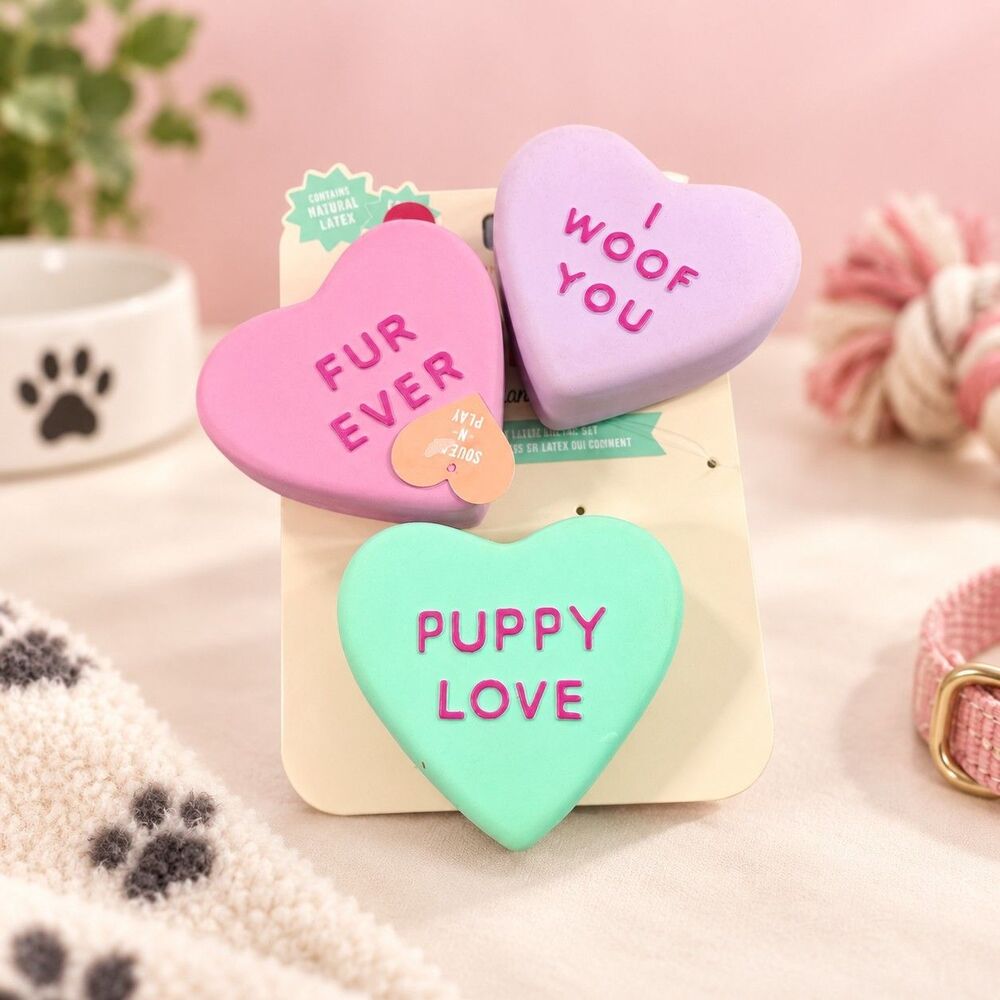 Puppy Love Conversation Heart Natural Latex Dog Toys 3-Piece Set New With Tags
